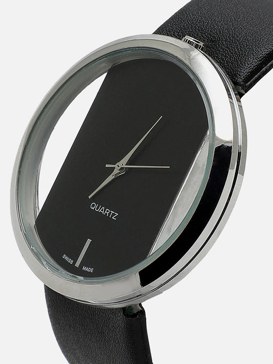 Transparent Analog Round Dial With Black Leather Strap Watch & Bracelet