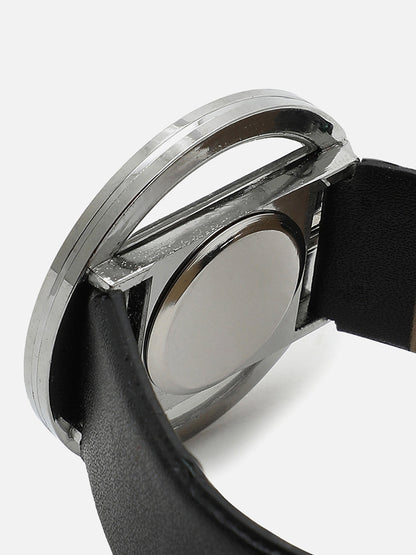 Transparent Analog Round Dial With Black Leather Strap Watch & Bracelet