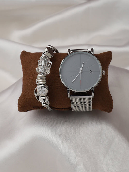 Sleek Silver Analog Round Dial With Metal Mesh Strap Watch & Bracelet