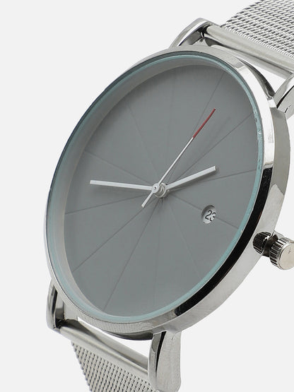 Sleek Silver Analog Round Dial With Metal Mesh Strap Watch & Bracelet