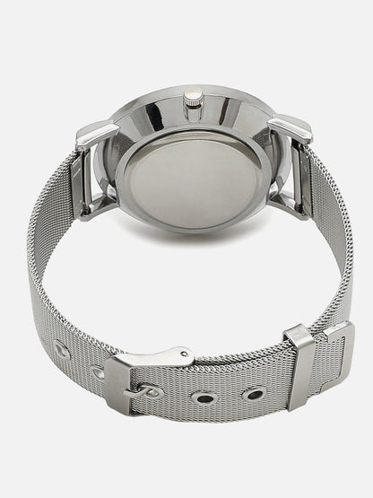 Sleek Silver Analog Round Dial With Metal Mesh Strap Watch & Bracelet