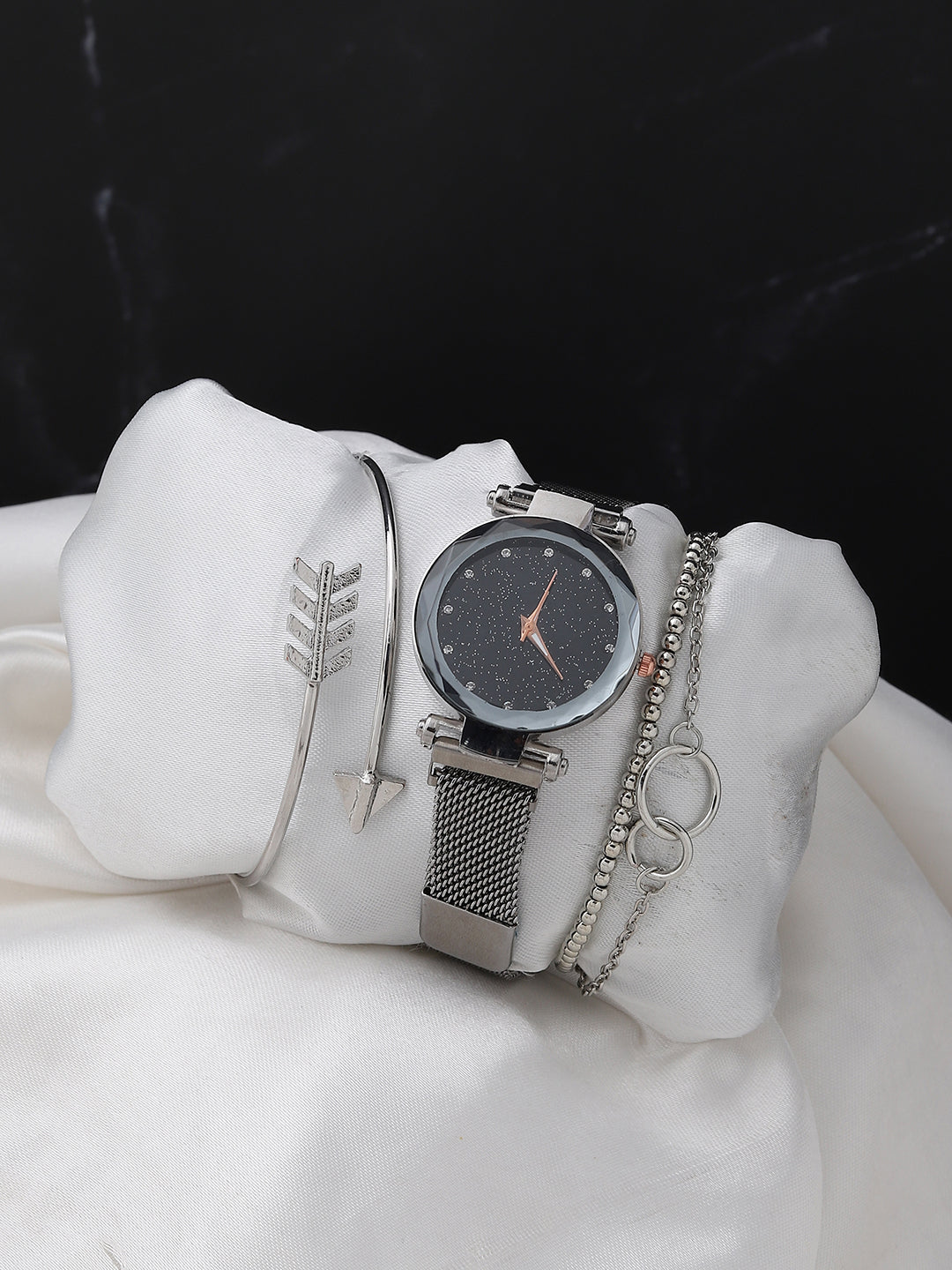 Black Embellished Analog Round Dial With Space Grey Metal Mesh Strap Watch & Bracelets