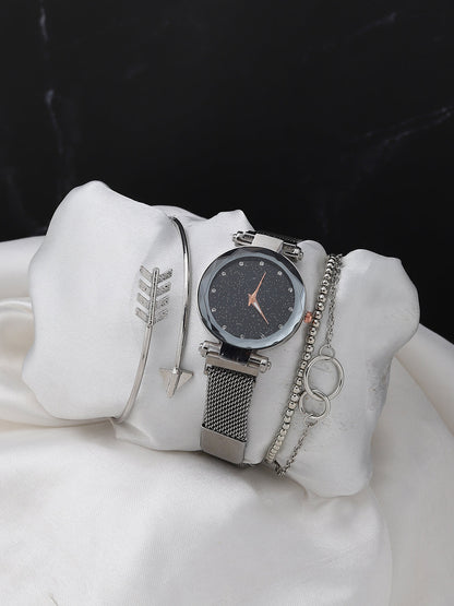 Black Embellished Analog Round Dial With Space Grey Metal Mesh Strap Watch & Bracelets