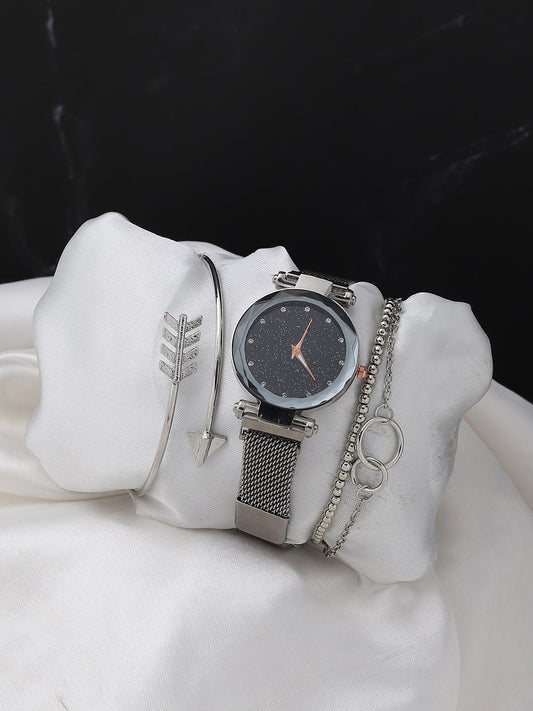Black Embellished Analog Round Dial With Space Grey Metal Mesh Strap Watch & Bracelets