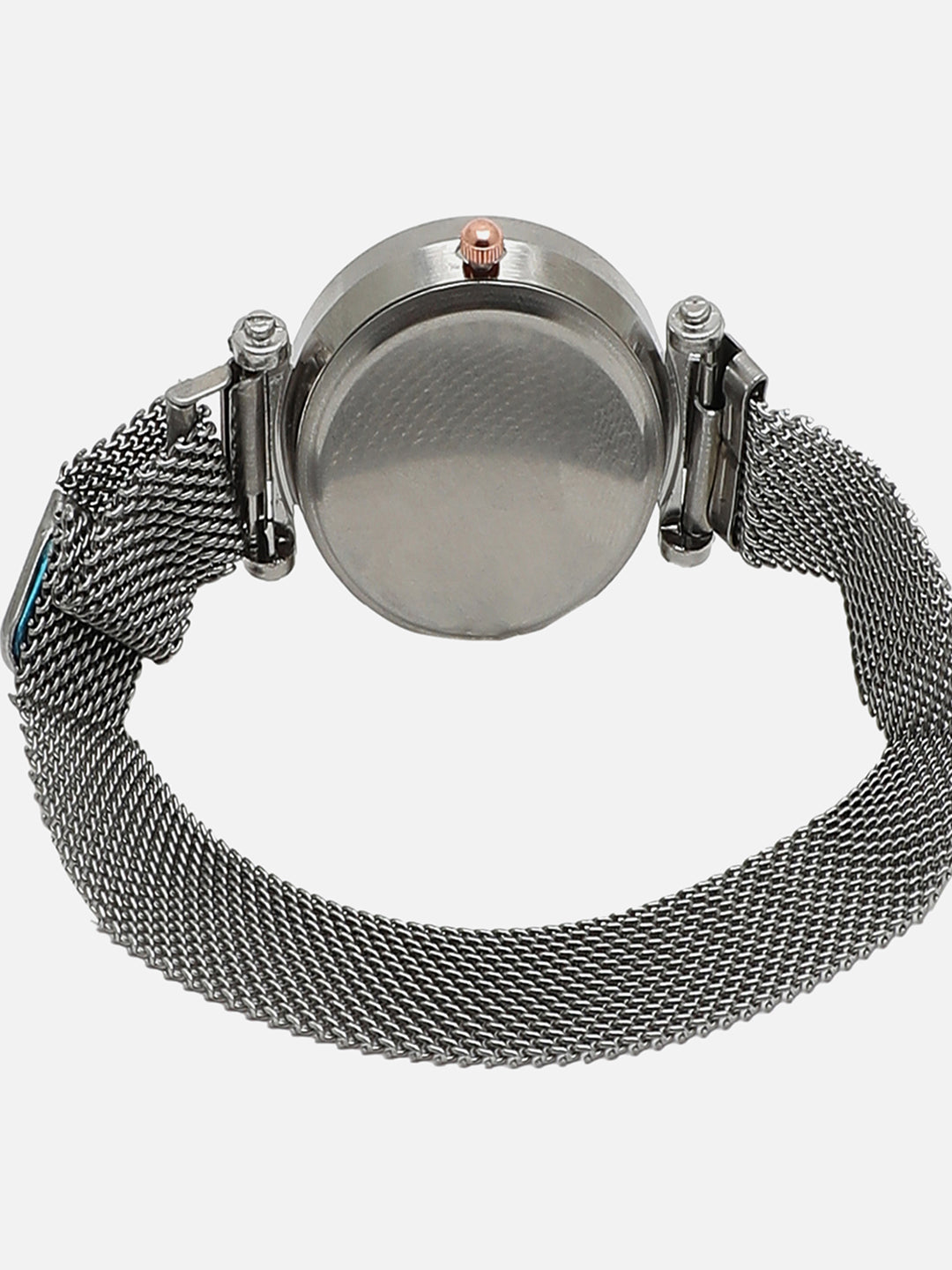 Black Embellished Analog Round Dial With Space Grey Metal Mesh Strap Watch & Bracelets