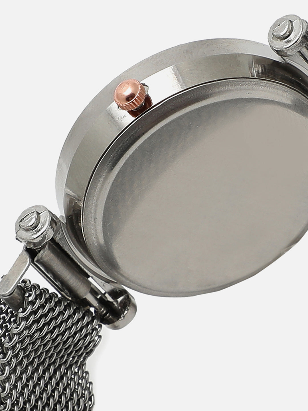Black Embellished Analog Round Dial With Space Grey Metal Mesh Strap Watch & Bracelets