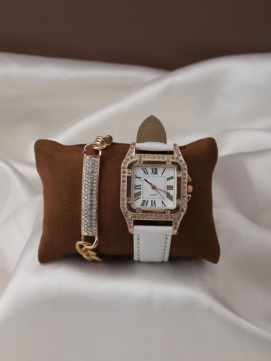 White Embellished Analog Square Dial With White Leather Strap Watch & Bracelet