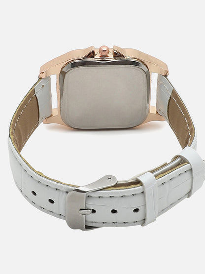 White Embellished Analog Square Dial With White Leather Strap Watch & Bracelet