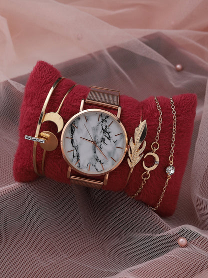 White Marble Analog Round Dial With Gold Metal Mesh Strap Watch & Bracelets