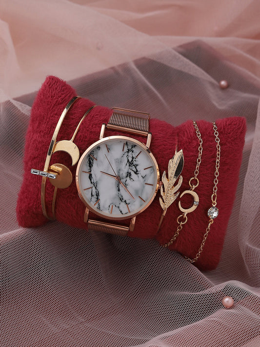 White Marble Analog Round Dial With Gold Metal Mesh Strap Watch & Bracelets