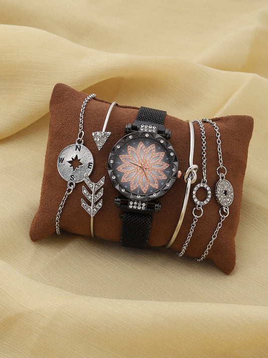 Black Embellished Decorative Analog Round Dial With Black Metal Mesh Strap Watch & Bracelet