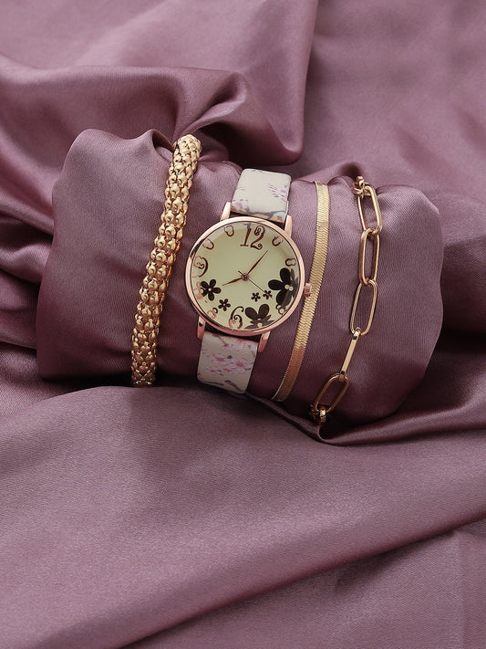 Beige Decorative Analog Round Dial With Floral Printed Leather Strap Watch & Bracelets