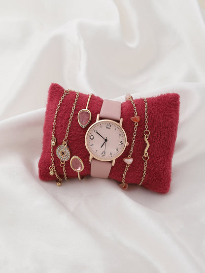 Dusky Pink Analog Round Dial With Pink Leather Strap Watch & Bracelet