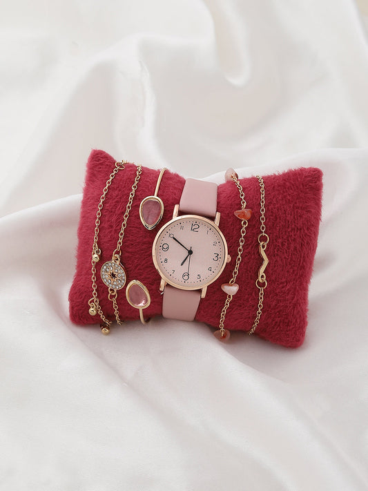 Dusky Pink Analog Round Dial With Pink Leather Strap Watch & Bracelet