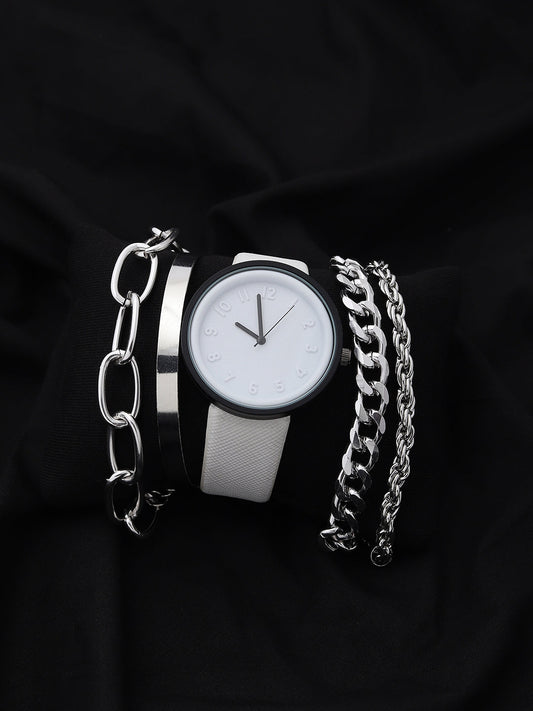 White Analog Round Dial With White Leather Strap Watch & Bracelets