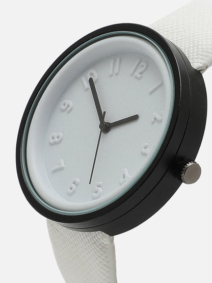 White Analog Round Dial With White Leather Strap Watch & Bracelets