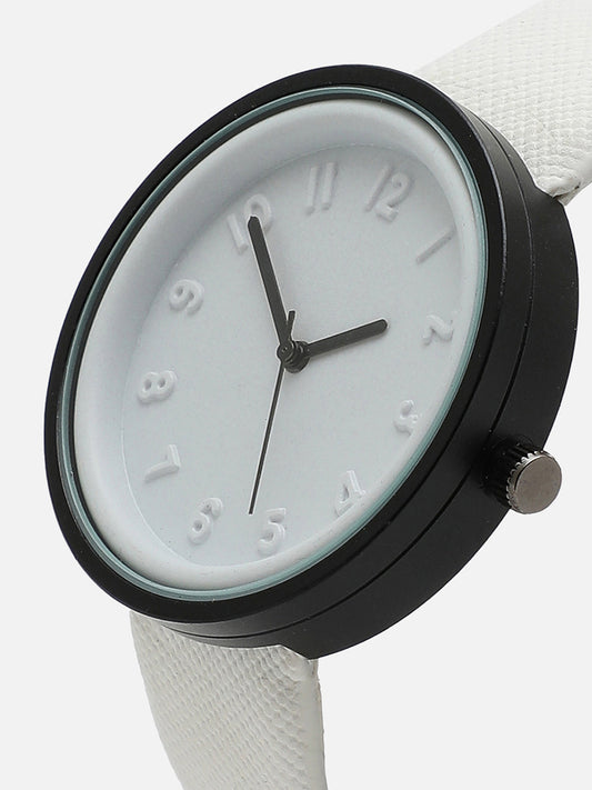 White Analog Round Dial With White Leather Strap Watch & Bracelets