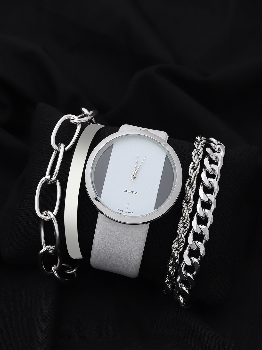 Transparent Analog Round Dial With White Leather Strap Watch & Bracelet