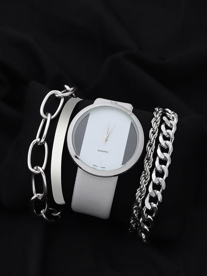 Transparent Analog Round Dial With White Leather Strap Watch & Bracelet