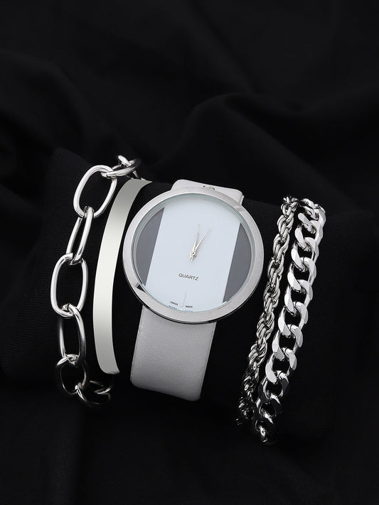 Transparent Analog Round Dial With White Leather Strap Watch & Bracelet