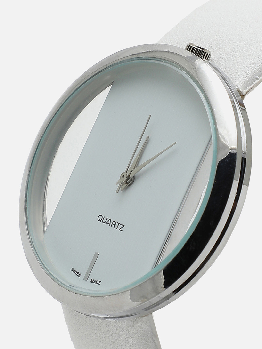 Transparent Analog Round Dial With White Leather Strap Watch & Bracelet