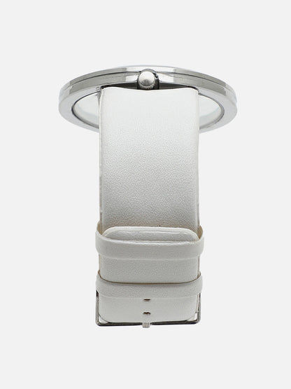 Transparent Analog Round Dial With White Leather Strap Watch & Bracelet