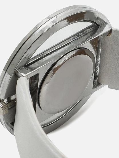 Transparent Analog Round Dial With White Leather Strap Watch & Bracelet