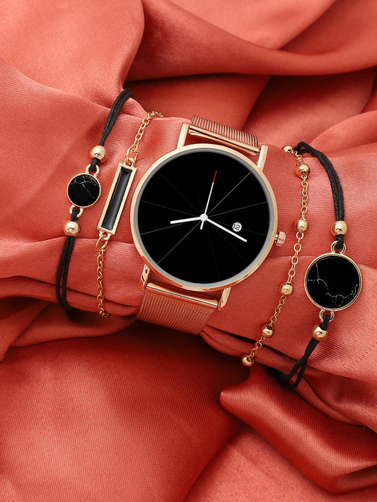 Black Analog Round Dial With Rose Gold Metal Mesh Strap Watch & Bracelets