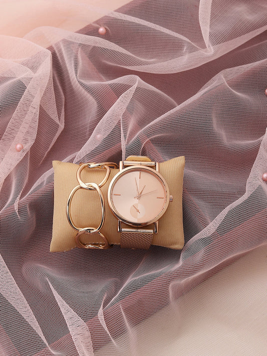 Rose Gold Analog Round Dial With Metal Mesh Strap Watch & Bracelet