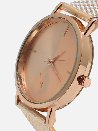 Rose Gold Analog Round Dial With Metal Mesh Strap Watch & Bracelet