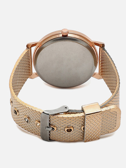 Rose Gold Analog Round Dial With Metal Mesh Strap Watch & Bracelet