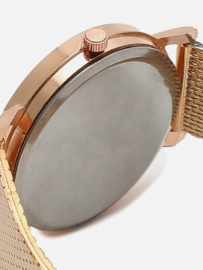 Rose Gold Analog Round Dial With Metal Mesh Strap Watch & Bracelet