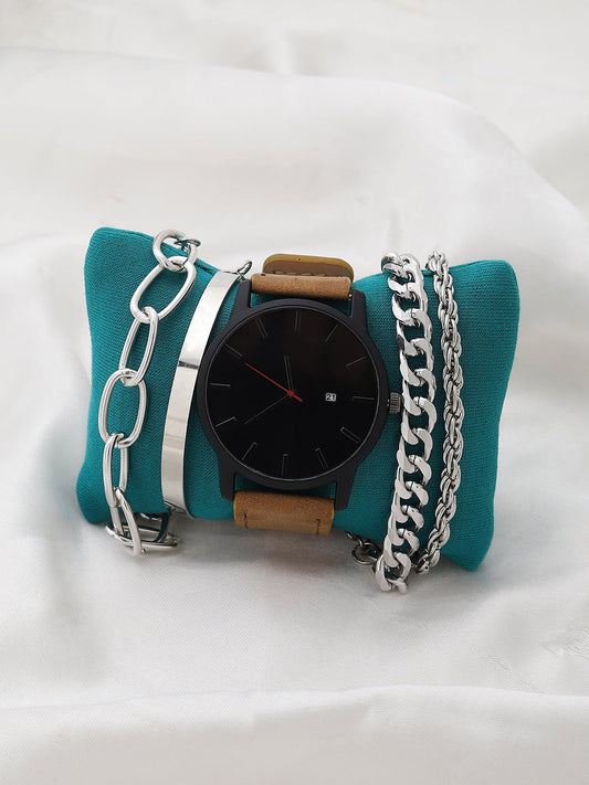 Black Analog Round Dial With Brown Suede Strap Watch & Bracelet