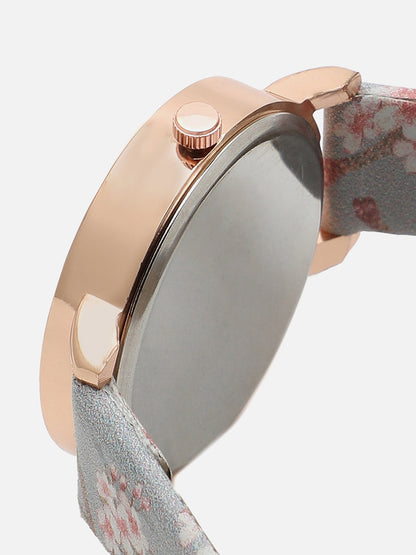 Grey Decorative Analog Round Dial With Floral Printed Leather Strap Watch & Bracelets