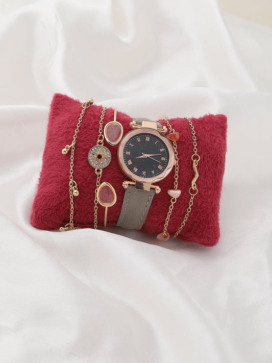 Black Analog Round Dial With Grey Suede Strap Watch & Bracelets