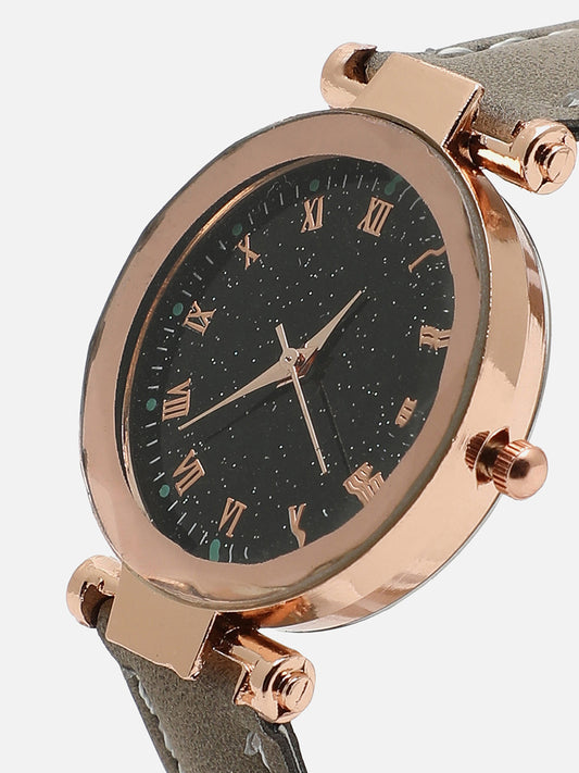 Black Analog Round Dial With Grey Suede Strap Watch & Bracelets
