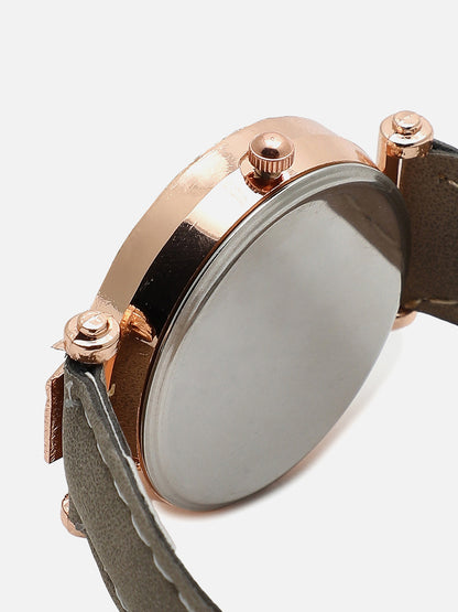 Black Analog Round Dial With Grey Suede Strap Watch & Bracelets