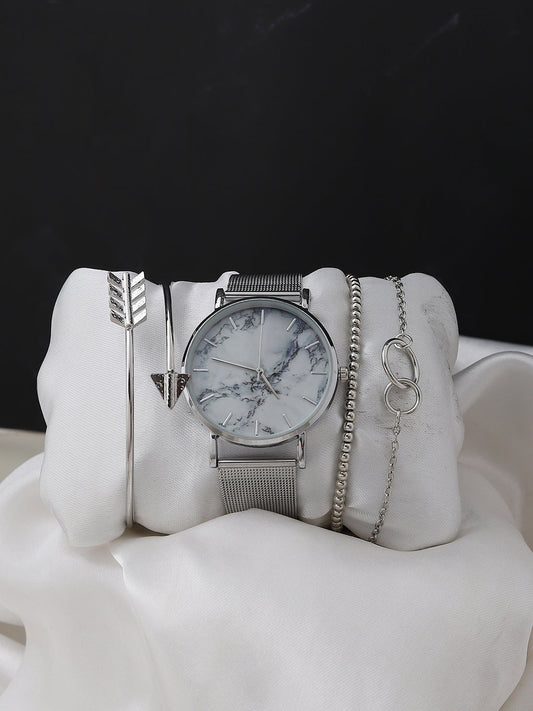 White Marble Analog Round Dial With Silver Metal Mesh Strap Watch & Bracelets
