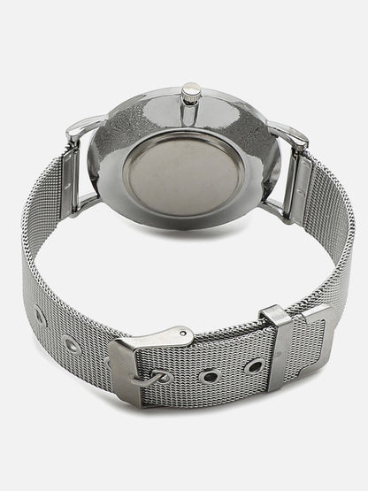 White Marble Analog Round Dial With Silver Metal Mesh Strap Watch & Bracelets