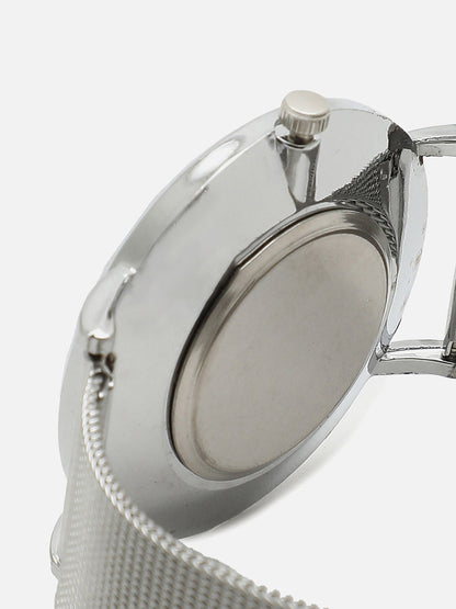 White Marble Analog Round Dial With Silver Metal Mesh Strap Watch & Bracelets