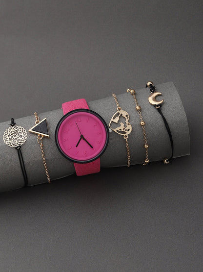 Pink Analog Round Dial With Pink Canvas Strap Watch & Bracelets