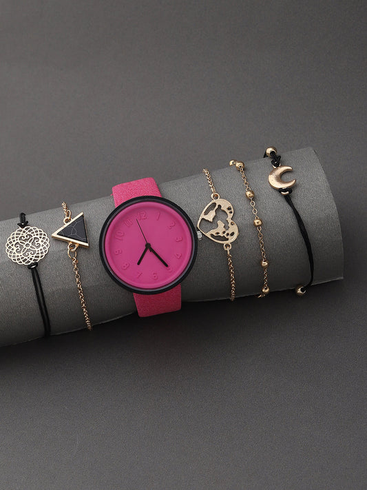 Pink Analog Round Dial With Pink Canvas Strap Watch & Bracelets