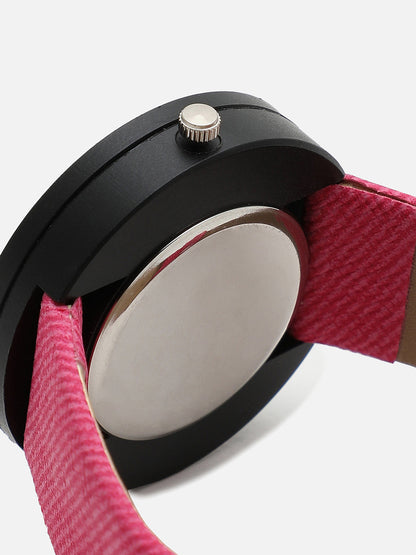 Pink Analog Round Dial With Pink Canvas Strap Watch & Bracelets
