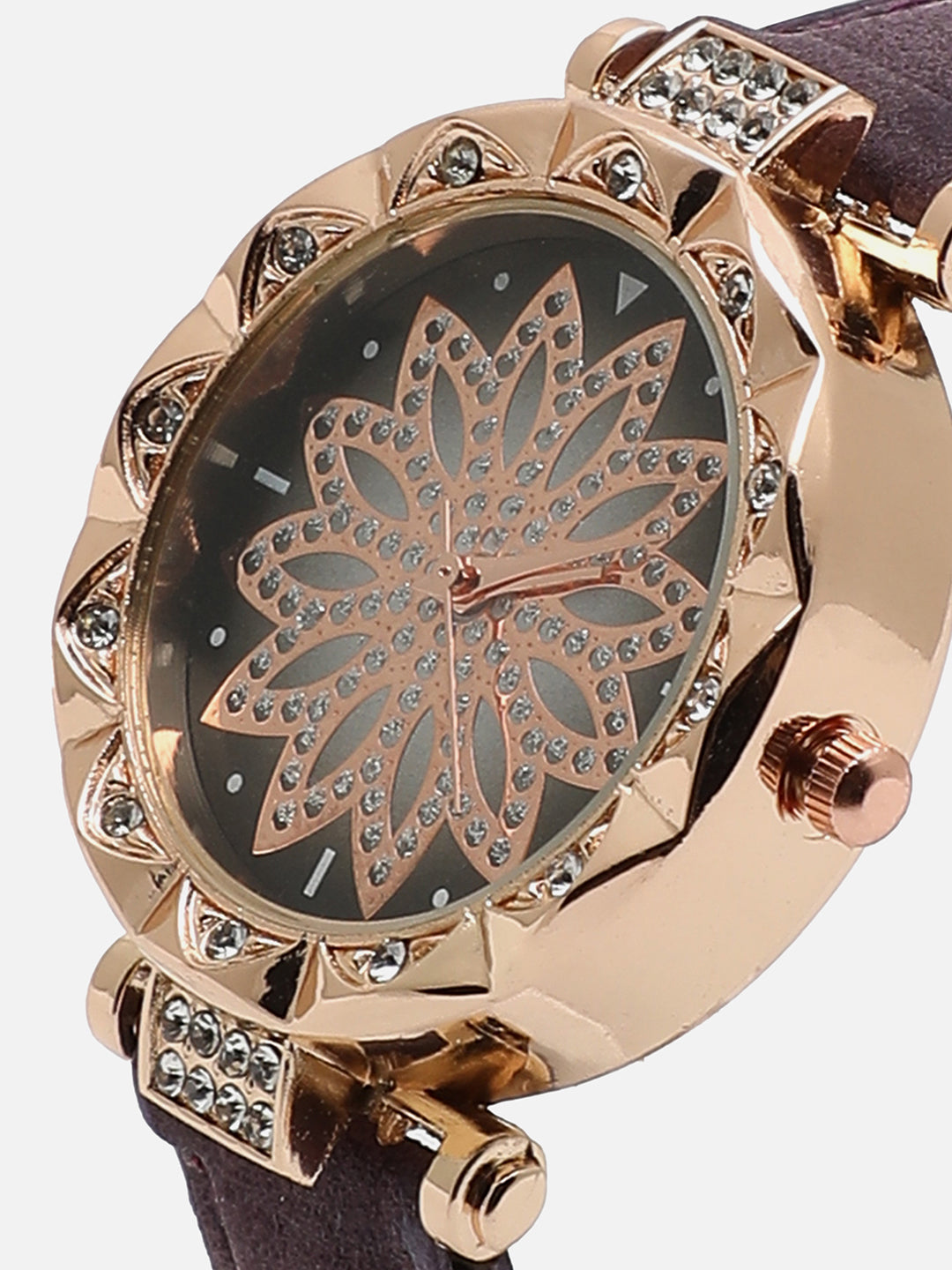 Purple Embellished Decorative Analog Round Dial With Suede Strap Watch & Bracelets