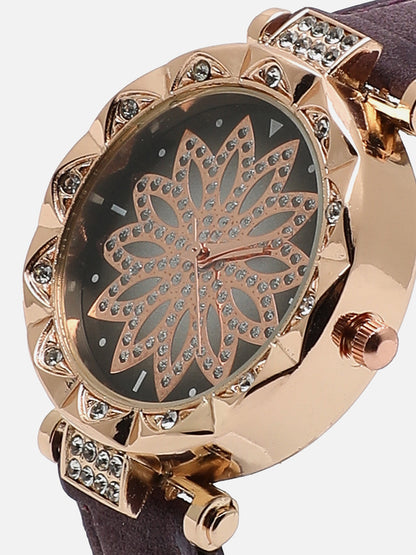 Purple Embellished Decorative Analog Round Dial With Suede Strap Watch & Bracelets