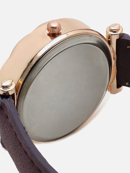 Purple Embellished Decorative Analog Round Dial With Suede Strap Watch & Bracelets
