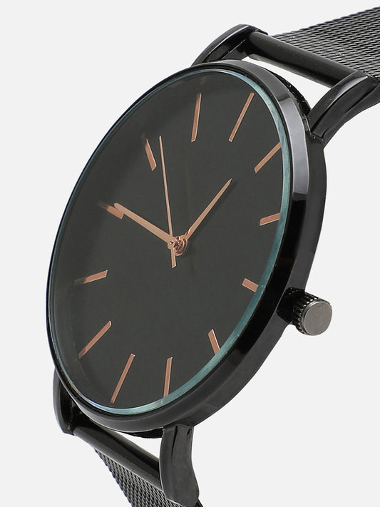 Black Analog Round Dial With Black Metal Strap Watch & Bracelets