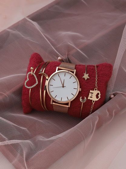 White Analog Round Dial With Gold Metal Strap Watch & Bracelets