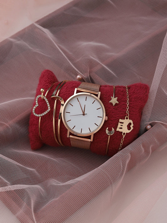 White Analog Round Dial With Gold Metal Strap Watch & Bracelets