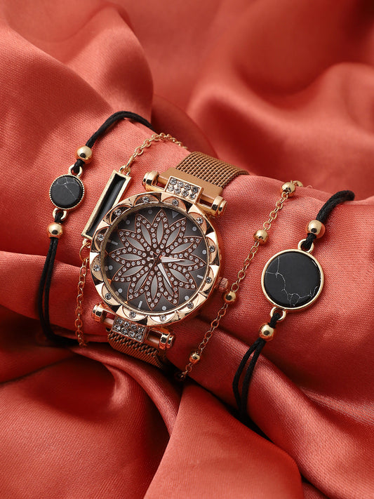 Black Embellished Decorative Analog Round Dial With Gold Metal Mesh Strap Watch & Bracelets